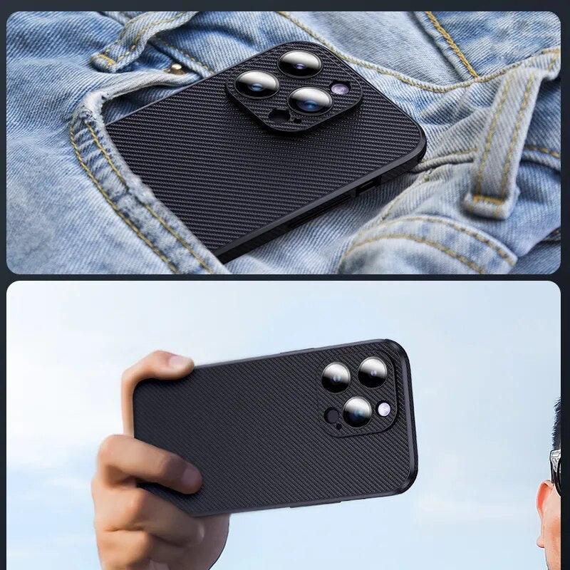 Carbon Fiber Texture Cute Leather Phone Case for iPhone 11/12/13/14 Pro Max