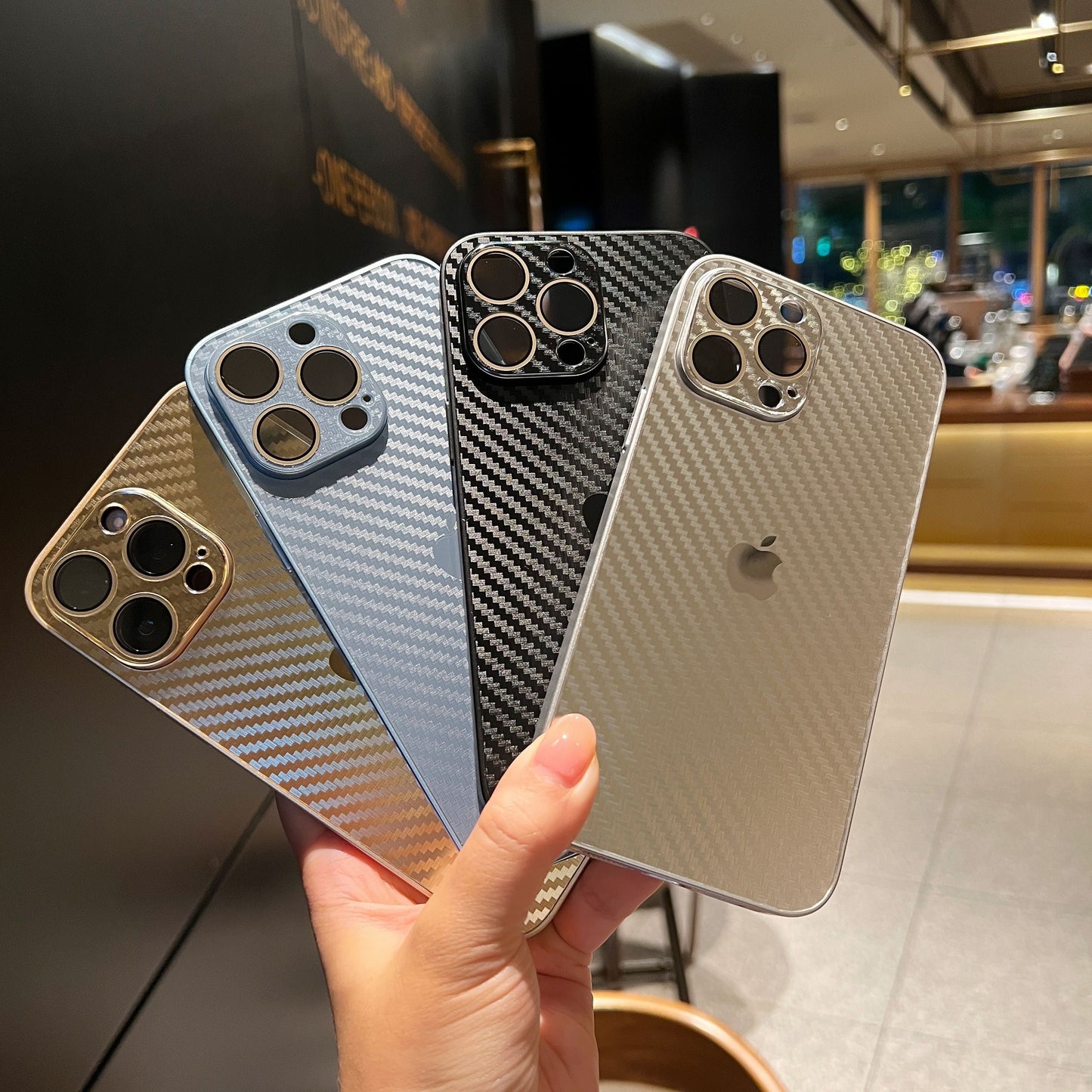 iPhone 11, 12, 13, 14, 15 Series: New Carbon Fiber Pattern Case AG Glass Cover with Camera Lens Protection