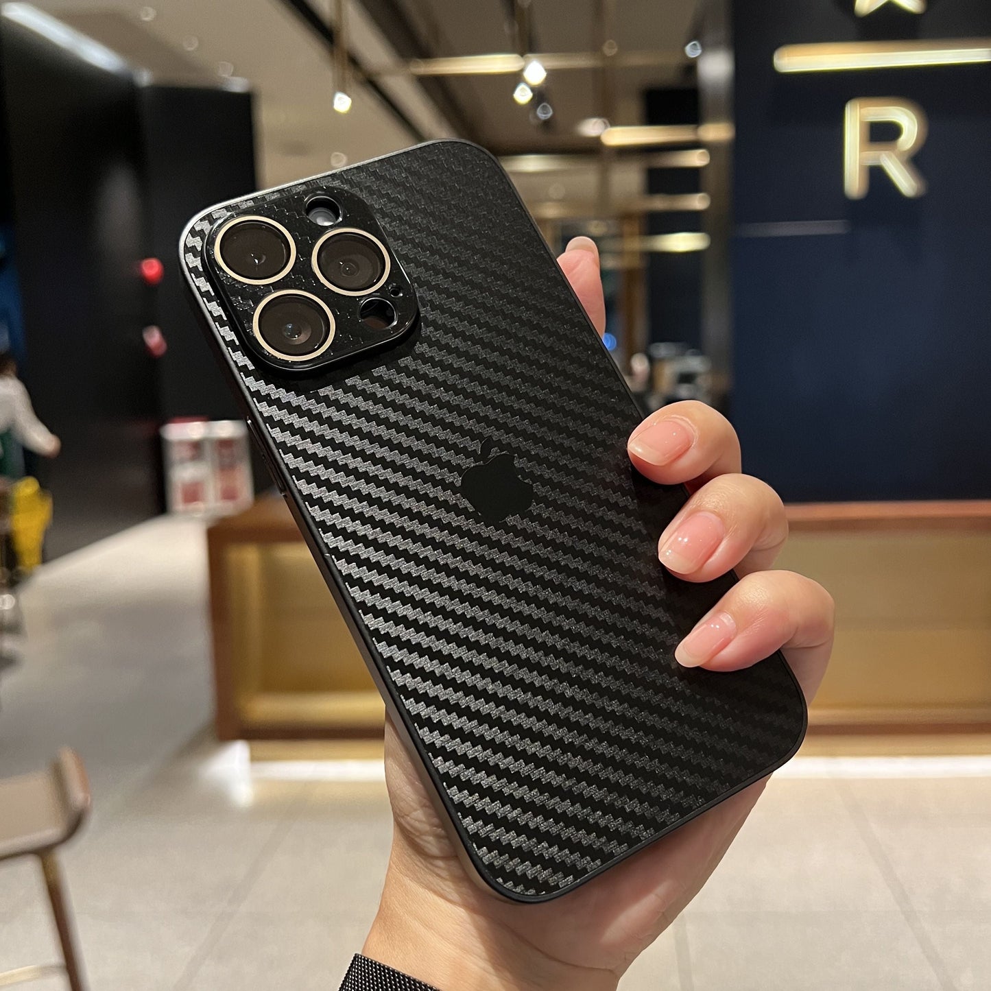 iPhone 11, 12, 13, 14, 15 Series: New Carbon Fiber Pattern Case AG Glass Cover with Camera Lens Protection