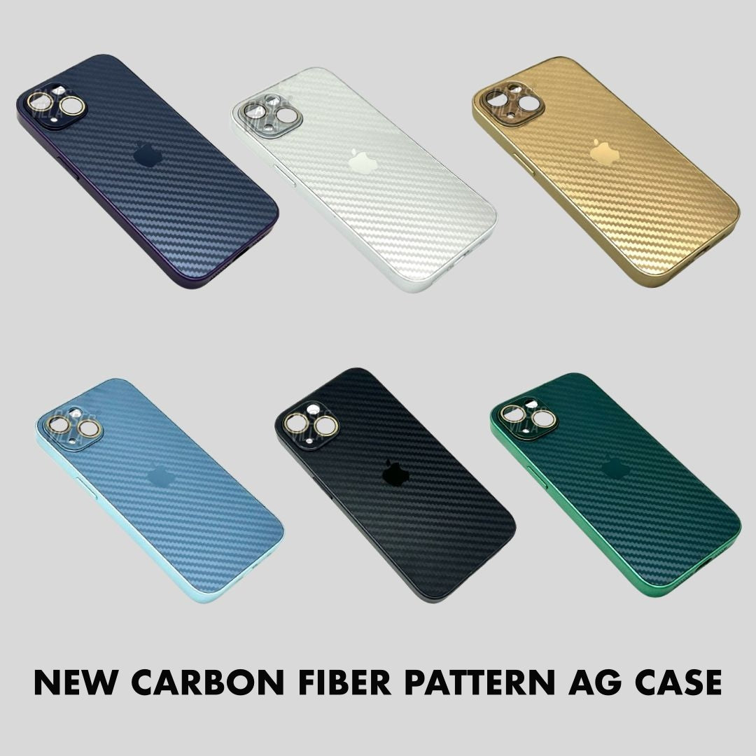 iPhone 11, 12, 13, 14, 15 Series: New Carbon Fiber Pattern Case AG Glass Cover with Camera Lens Protection