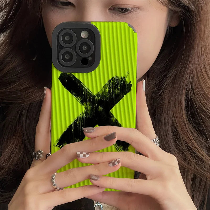 Fluorescence Green Cute Phone Case - Simple X Graffiti - For iPhone 15, 14, 13, 12, 11, Pro Max, Mini,