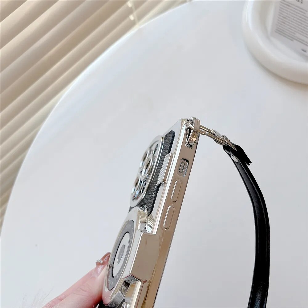 Japan Korean 3D luxury camera + hand strap couple gift case for iphone Series 11, 12, 13, 14, 15 leather pattern protect cover