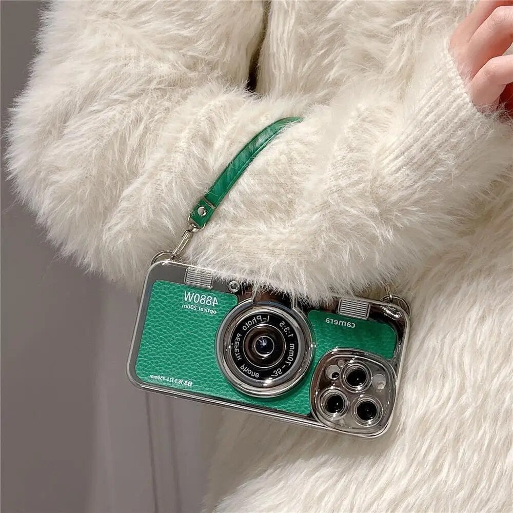 Japan Korean 3D luxury camera + hand strap couple gift case for iphone Series 11, 12, 13, 14, 15 leather pattern protect cover