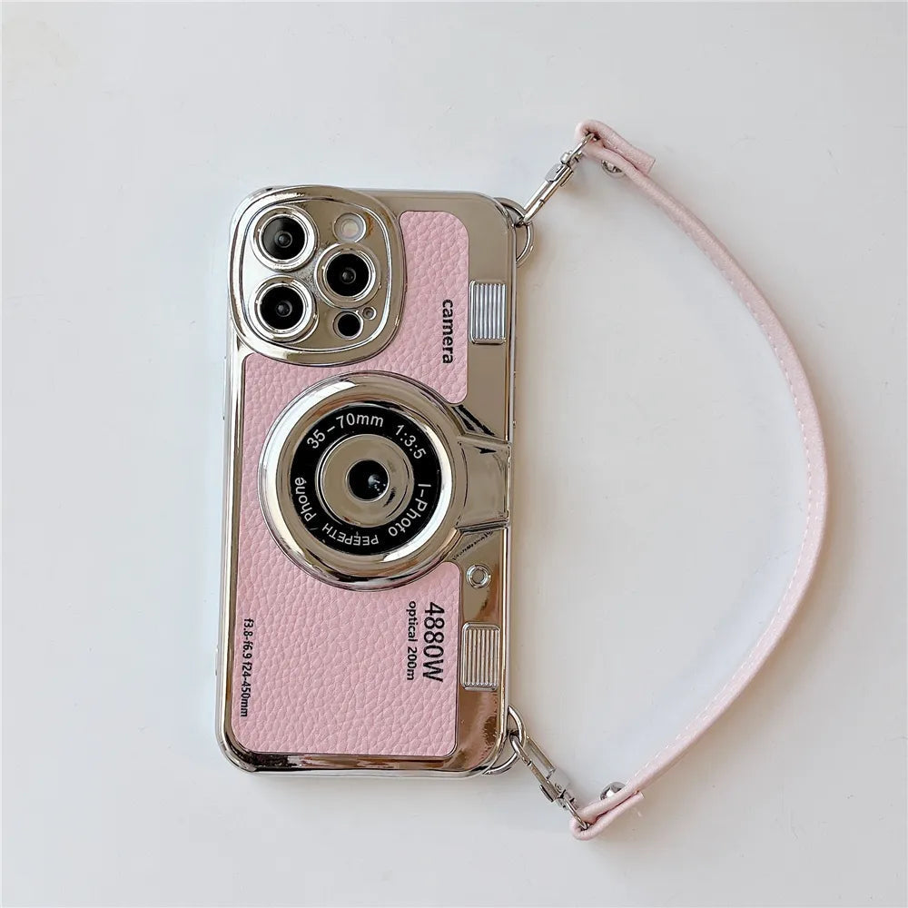 Japan Korean 3D luxury camera + hand strap couple gift case for iphone Series 11, 12, 13, 14, 15 leather pattern protect cover