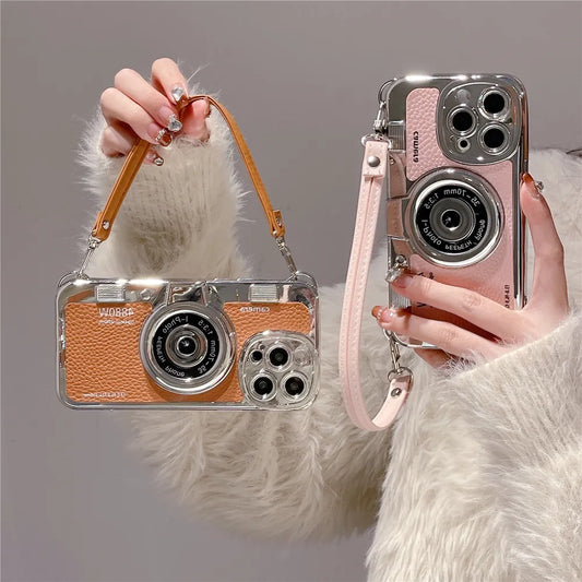 Japan Korean 3D luxury camera + hand strap couple gift case for iphone Series 11, 12, 13, 14, 15 leather pattern protect cover
