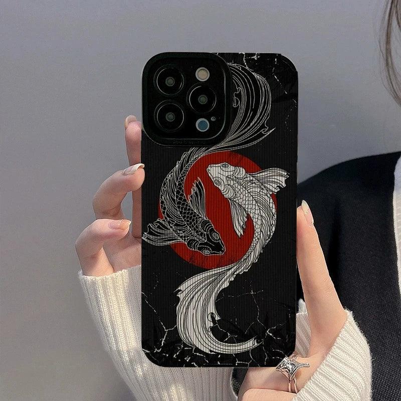 Black and White Cute Carp Oil Painting Phone Case for iPhone 15, 14, 13, 12, 11 Pro Max, Mini.