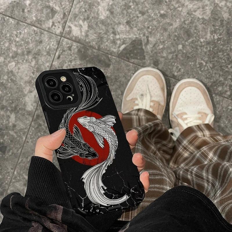 Black and White Cute Carp Oil Painting Phone Case for iPhone 15, 14, 13, 12, 11 Pro Max, Mini.