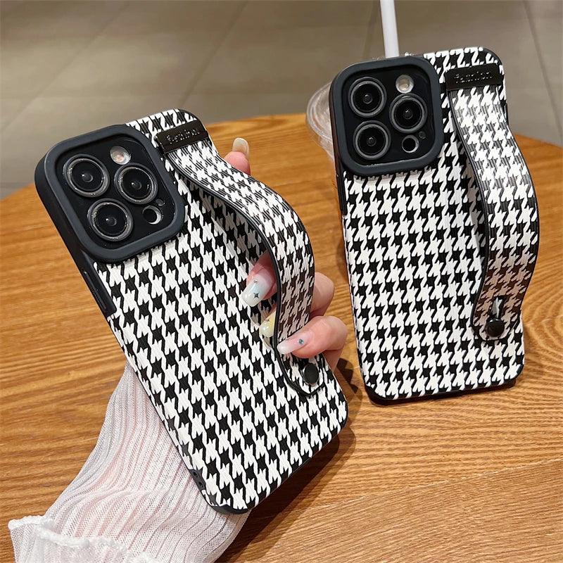 Cute Houndstooth Leather Phone Case for iPhone 15,14, 13, 12, 11 Pro Max,