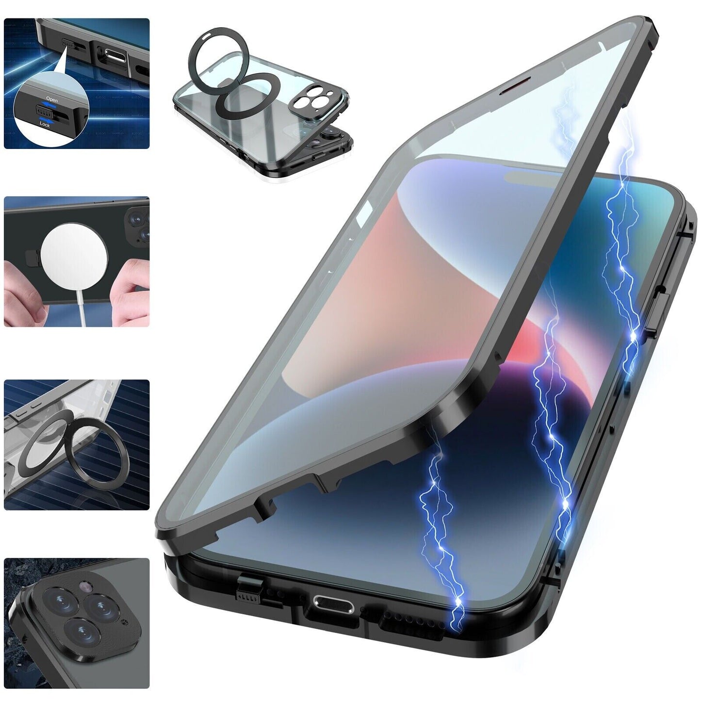 iPhone Metal Cover : [Front Screen Guard + Back Case] Magnetic Lock with MagSafe Stand